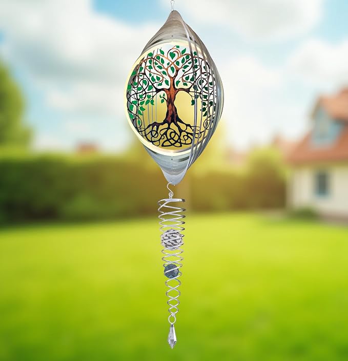 ISEO Tree of Life Wind Spinner with Gazing Ball, Mini 6.5 Inch Hanging Garden Decor, 3D Metal Yard Art for Porch Patio Balcony, Gift for Women
