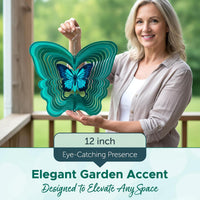 ISEO Butterfly Wind Spinner Outdoor, 12 Inch 3D Metal Hanging Garden Decor, Yard Art for Porch Patio Balcony, Gift for Women Mom Grandma