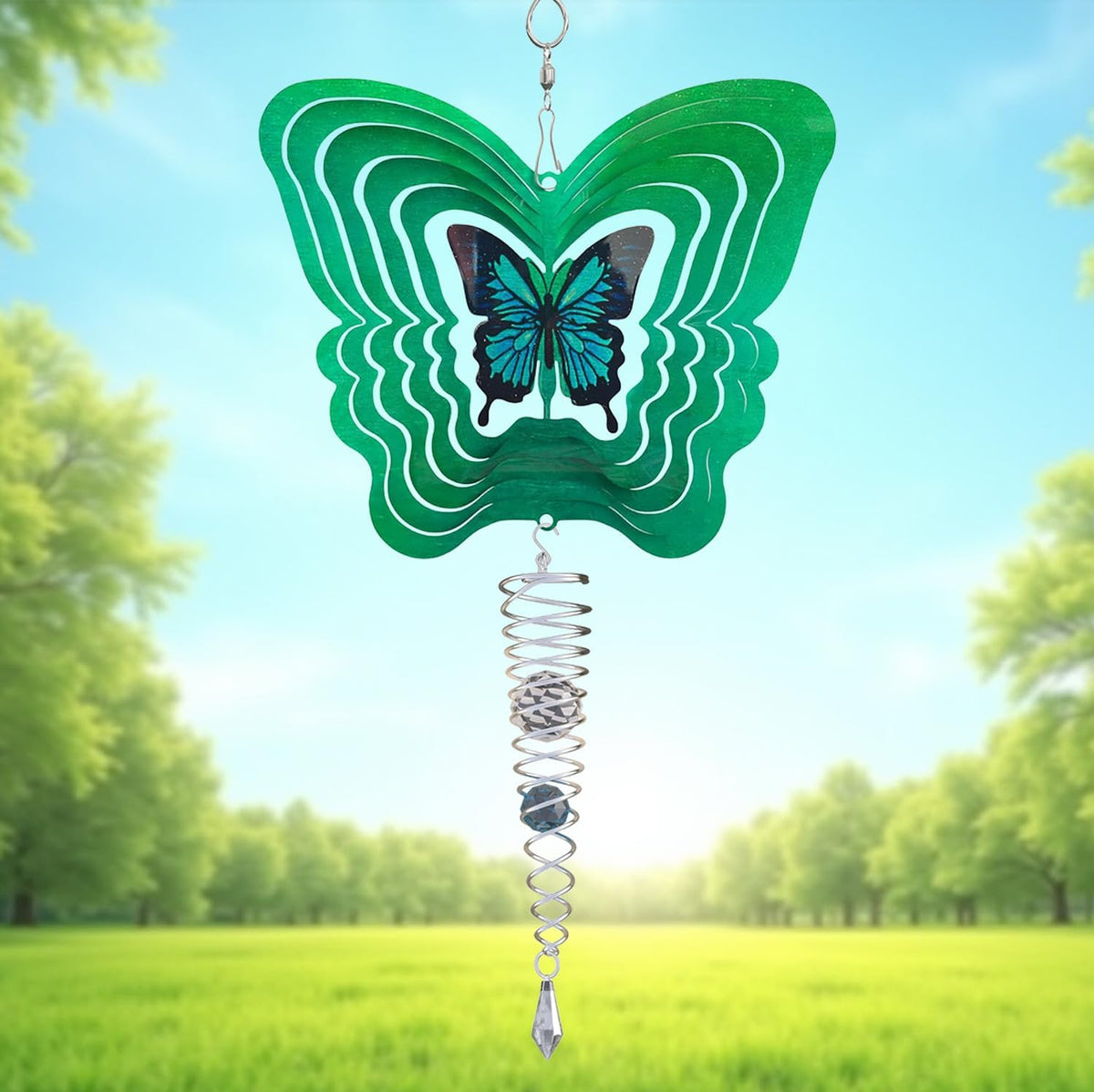 Mini butterfly wind spinner and spiral gazing ball tail