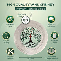 ISEO Tree of Life Wind Spinner Outdoor, 12 Inch 3D Metal Hanging Garden Decor, Yard Art for Porch Patio Balcony, Gift for Women Mom Grandma