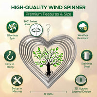 ISEO Silver Heart Wind Spinner Outdoor, 12 Inch Tree of Life Hanging Garden Decor, 3D Metal Yard Art for Porch Patio Balcony, Gift for Women Mom Grandma