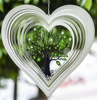 ISEO Silver Heart Wind Spinner Outdoor, 12 Inch Tree of Life Hanging Garden Decor, 3D Metal Yard Art for Porch Patio Balcony, Gift for Women Mom Grandma