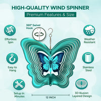 ISEO Butterfly Wind Spinner Outdoor, 12 Inch 3D Metal Hanging Garden Decor, Yard Art for Porch Patio Balcony, Gift for Women Mom Grandma