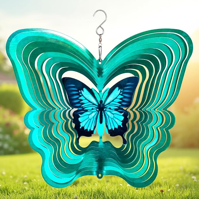 ISEO Butterfly Wind Spinner Outdoor, 12 Inch 3D Metal Hanging Garden Decor, Yard Art for Porch Patio Balcony, Gift for Women Mom Grandma