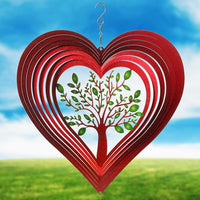 ISEO Silver Heart Wind Spinner Outdoor, 12 Inch Tree of Life Hanging Garden Decor, 3D Metal Yard Art for Porch Patio Balcony, Gift for Women Mom Grandma