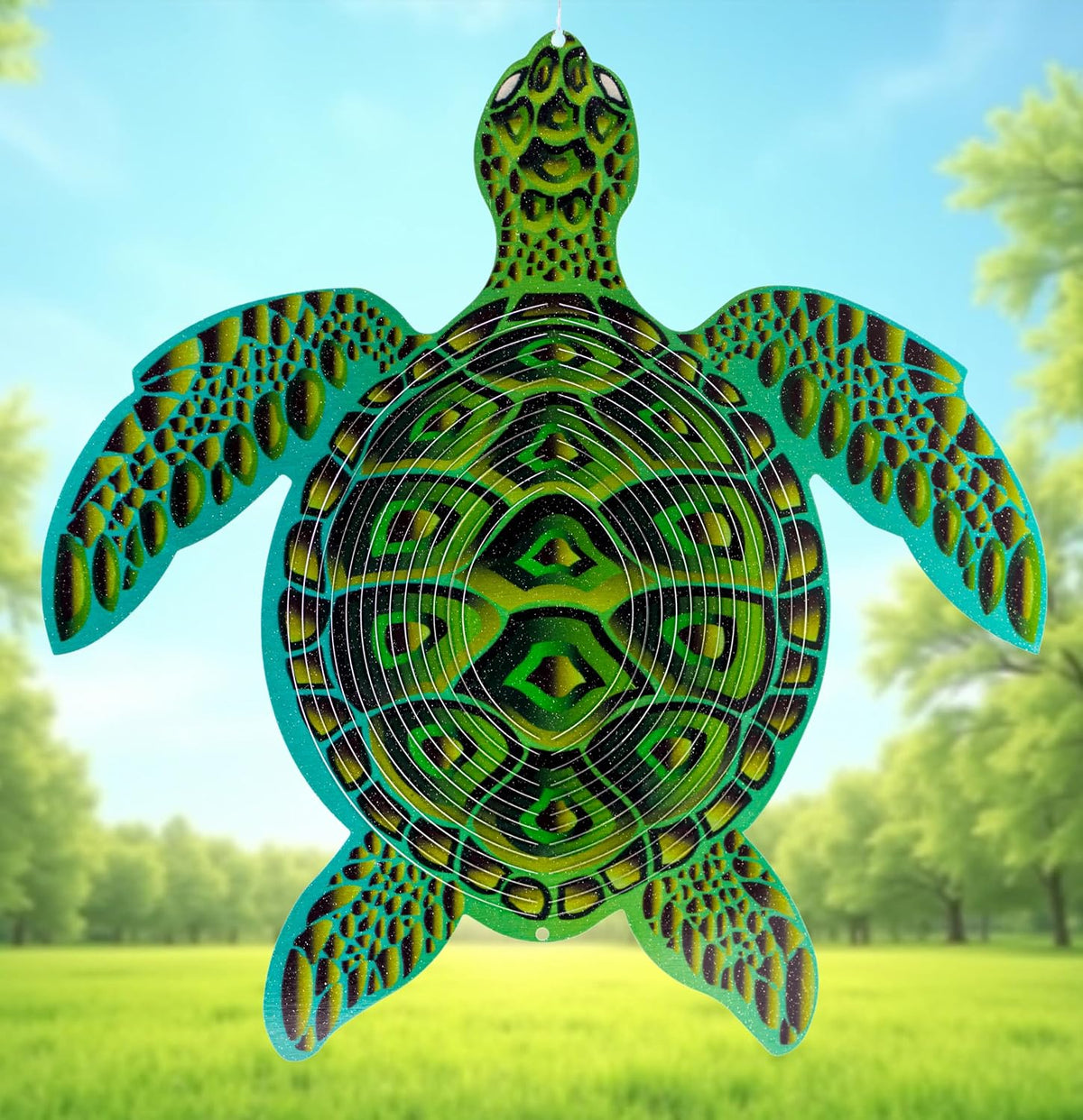 XL sea turtle wind spinner against a summer sky