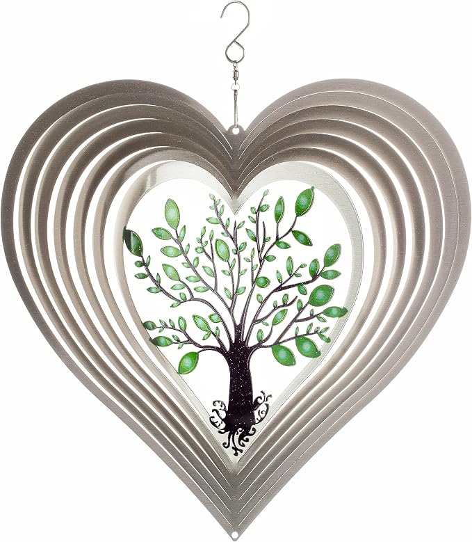 ISEO Silver Heart Wind Spinner Outdoor, 12 Inch Tree of Life Hanging Garden Decor, 3D Metal Yard Art for Porch Patio Balcony, Gift for Women Mom Grandma