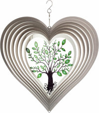 ISEO Silver Heart Wind Spinner Outdoor, 12 Inch Tree of Life Hanging Garden Decor, 3D Metal Yard Art for Porch Patio Balcony, Gift for Women Mom Grandma