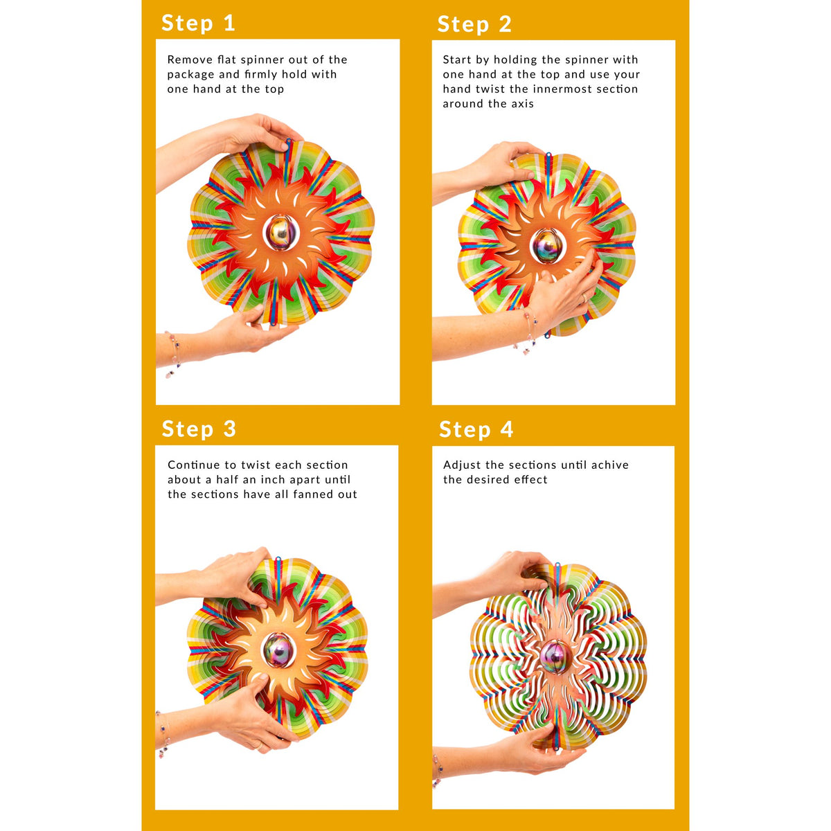 Four steps to open the spinner from flat into its 3D shape